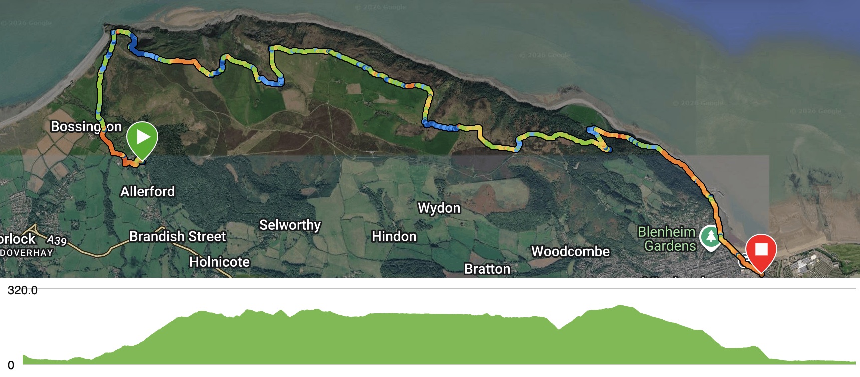 Map Bossington Hall to Minehead
