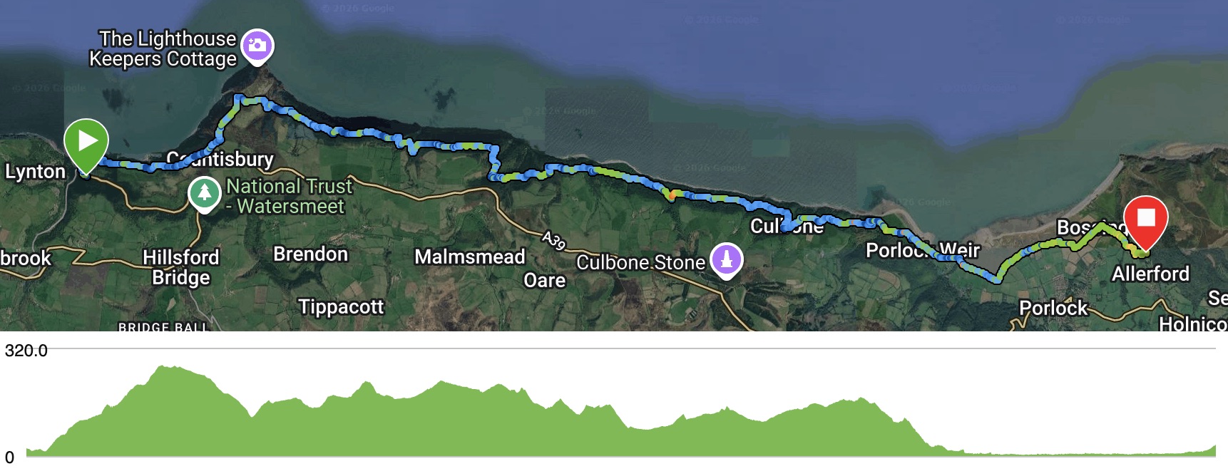 Map Lynmouth to Bossington Hall